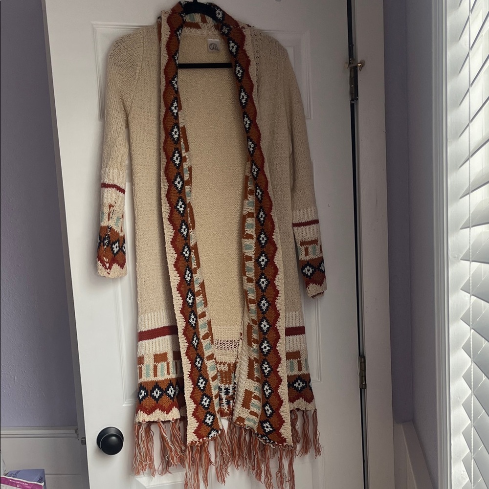Boho Fringe Open-Front Knit Cardigan Sweater - Cream & Rust